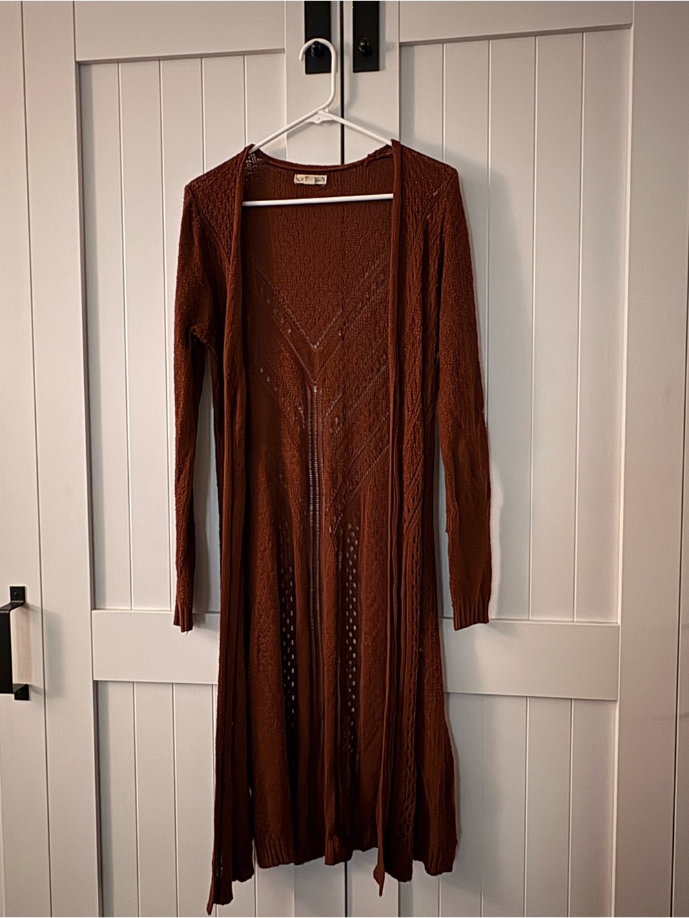 It's Our Time Rust-Brown Long Open-Front Knit Dress